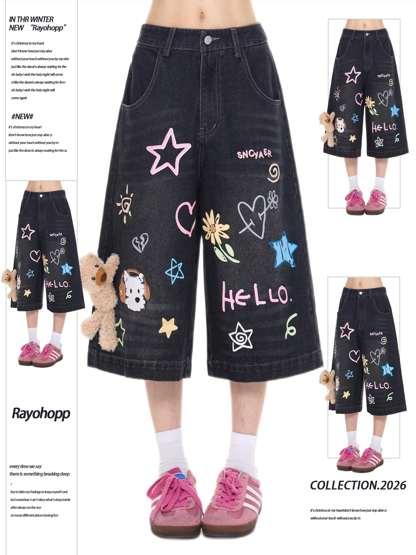 

Cartoon American Style Graffiti Wide Leg Pants Natural Waist Cotton Shorts for Women Summer New Straight Cut Denim Shorts