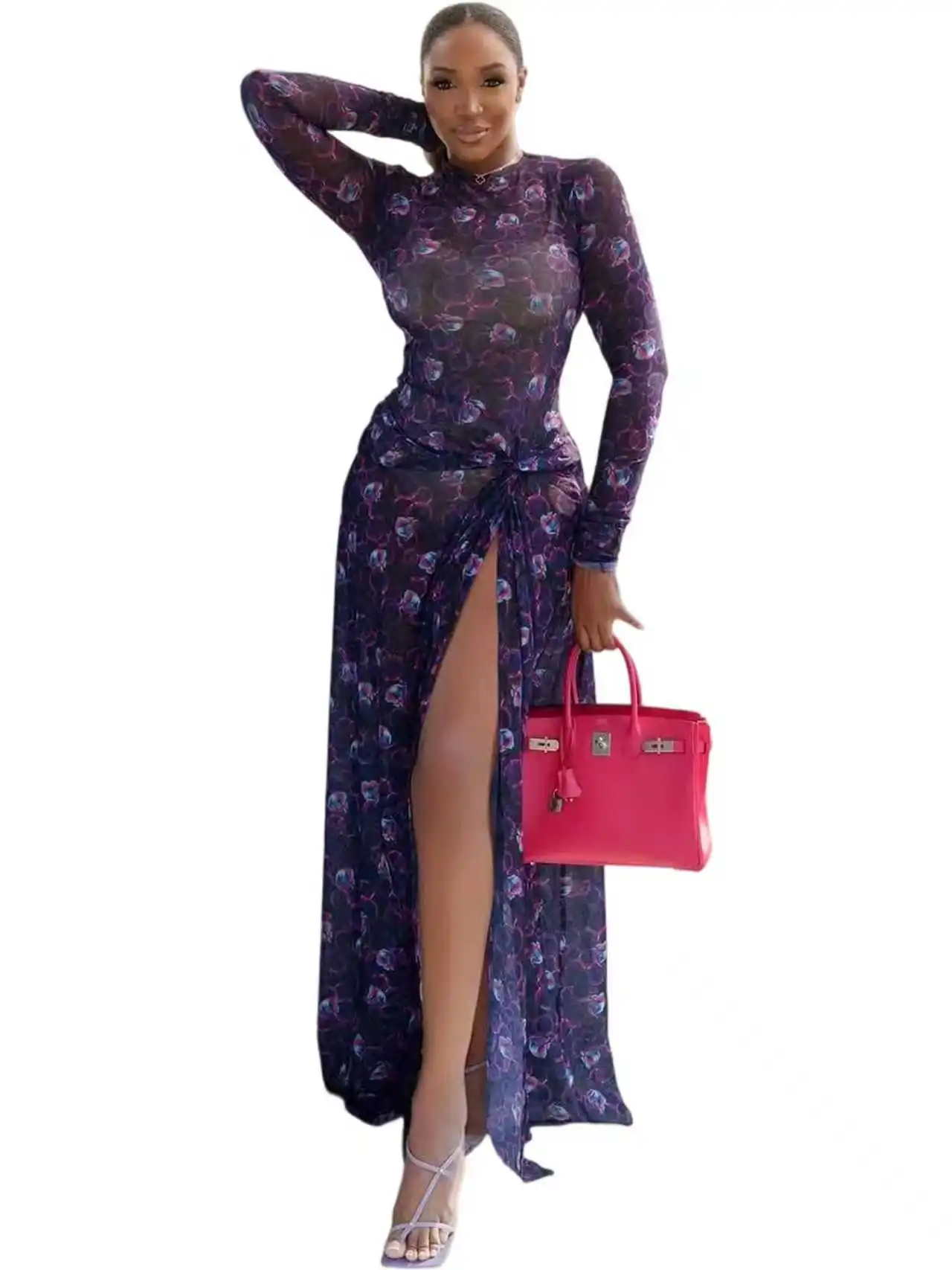 Y6067 ชุดเดรสแฟชั่นผู้หญิงใหม่ ประจำปี 2025 สำหรับฤดูใบไม้ร่วงและฤดูหนาว ดีไซน์หรูหรา ผ้าตาข่าย ผ่าสูง แขนยาว