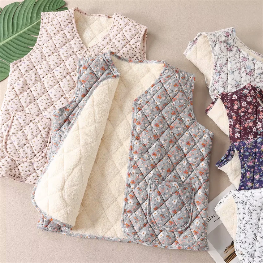 

New Autumn Winter Women Floral Cotton Vest Big Size Female V-neck Add Velvet Vests Lady Short Warm Sleeveless Coat Outwear 2534