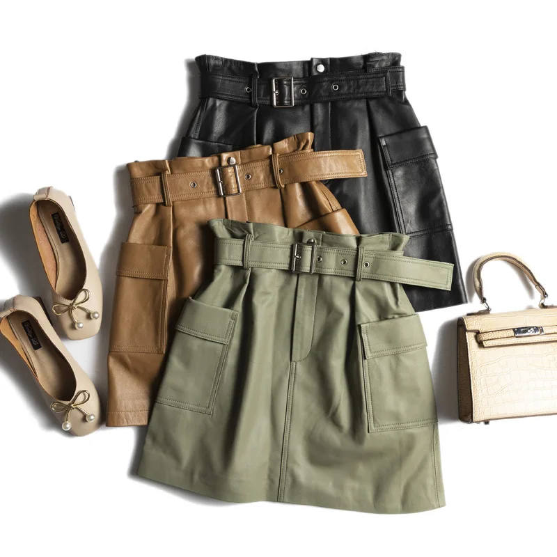 

2024 New Style Women High Waisted Large Pocket Genuine Sheepskin Leather Short Skirt