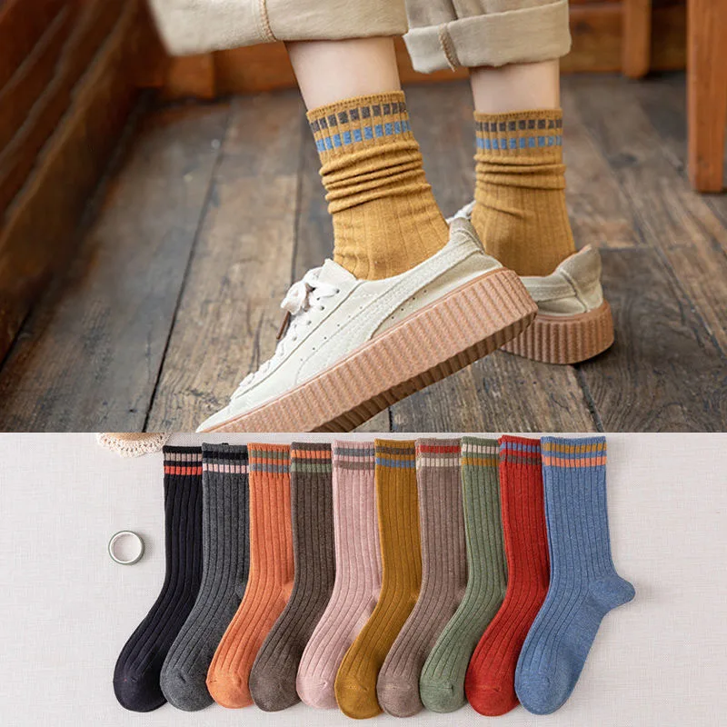 

5pair/Lot Women Long Socks School Spring Autumn Knitting Striped Polyester Cotton Middle Tube Loose Sock Breathable Calcetines