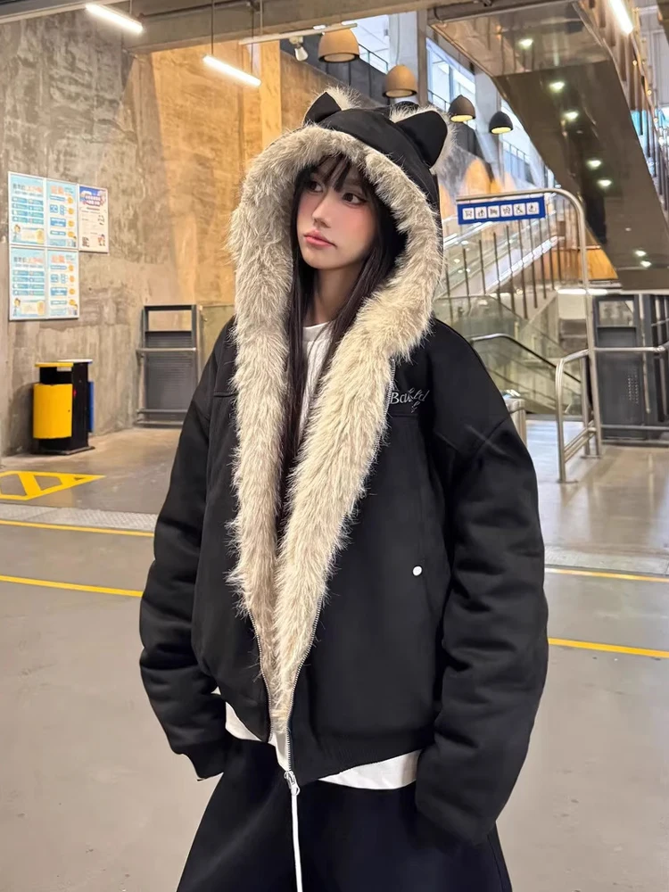 

Thiened American Sle Cotton Jaet with Fur Collar for Men And Women Winter Warm Coat Couple Suede Cotton Coat ZuoanDiao