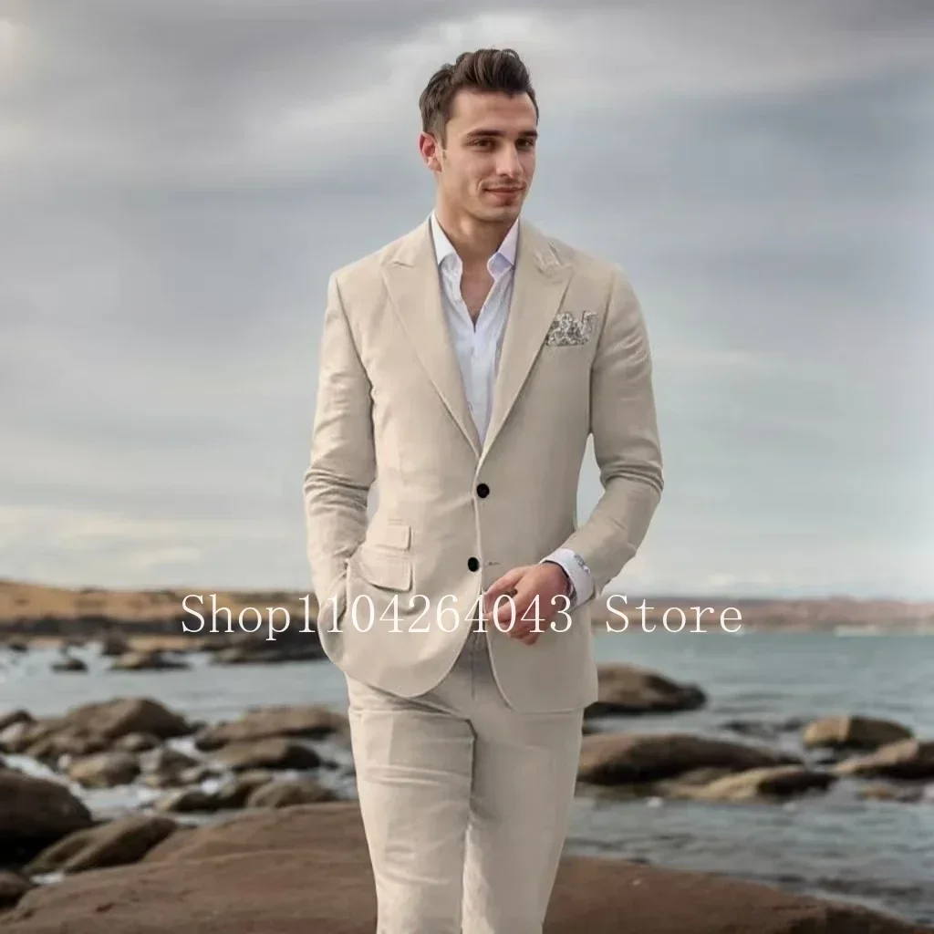 

Classic Men's Tuxedo Suits 2 Pieces Blazer And Pants Peak Lapel Elegant Wedding Business Summer Beach Banquet Attire
