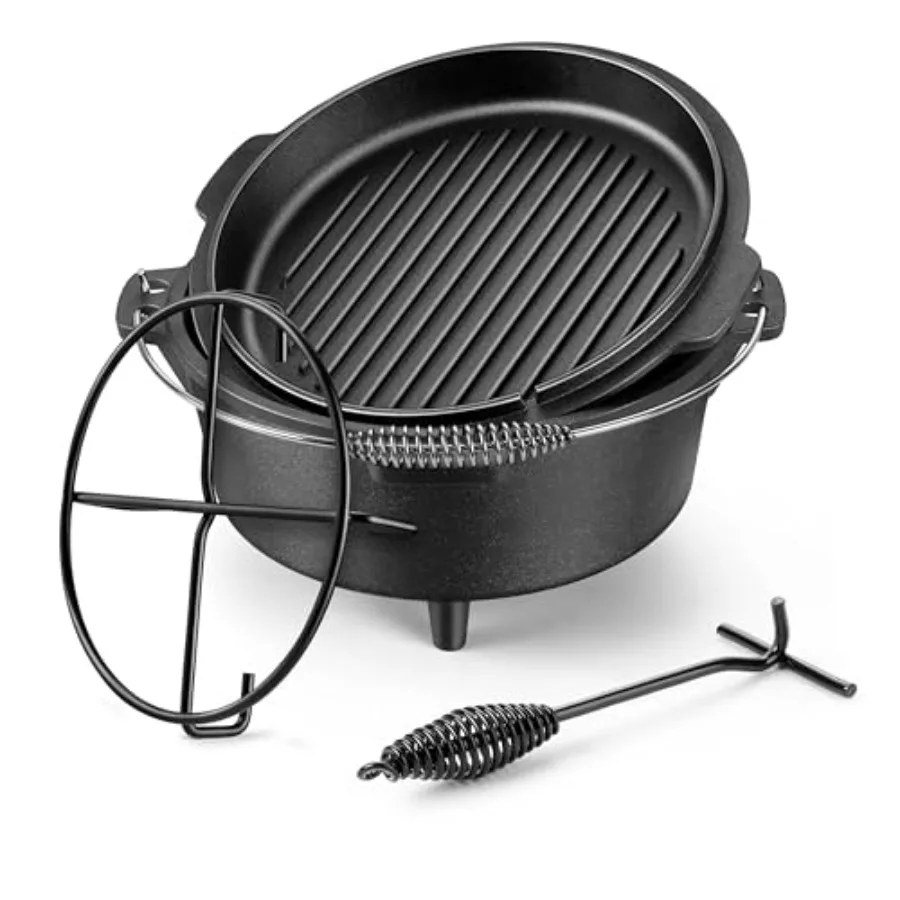 

Чугунная походная кастрюля-жаровня 7 QT (7 кварт) 2-в-1: глубокая кастрюля и сковорода с крышкой, предварительно обработанная, толстостенная, для кемпинга, многофункциональная посуда