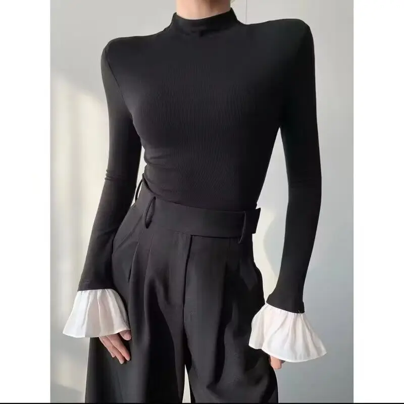

Autumn Winter New Bottoming Shirt Fashion Patchwork Half Height Collar Flare Sleeve T-Shirts Female Simplicity Skinny Top Tee