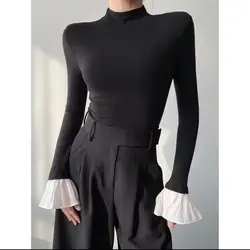 Autumn Winter New Bottoming Shirt Fashion Patchwork Half Height Collar Flare Sleeve T-Shirts Female Simplicity Skinny Top Tee
