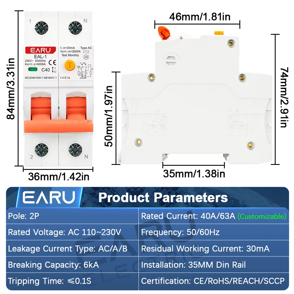 EARU 2P 30mA Type AC A B RCBO RCCB MCB Residual Current Circuit Breaker Over Short Circuit Current Leakage Protection EV Charger