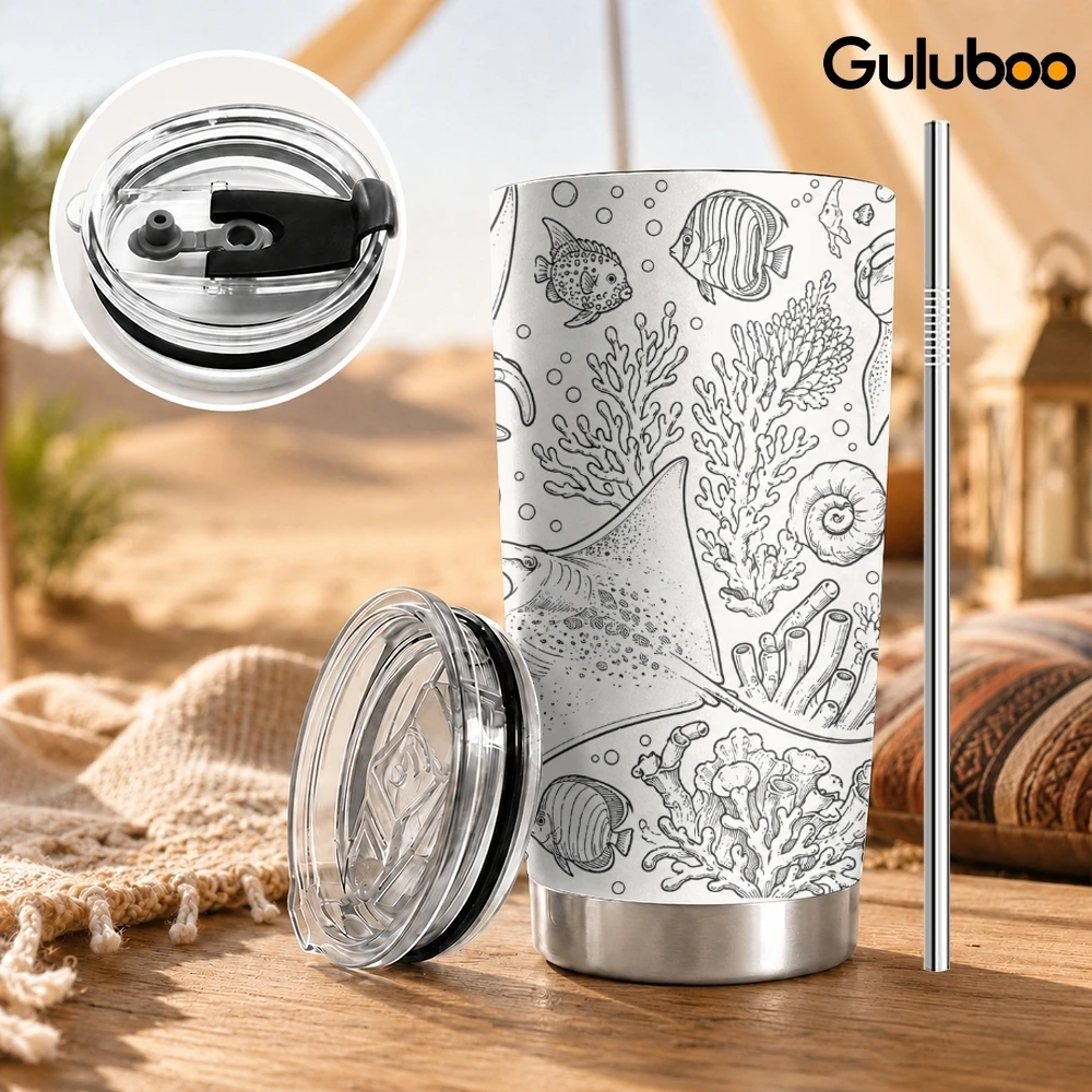 Underwater line art Vacuum Flasks 20oz Stainless Steel Insulated Tumbler Double Wall Travel Mug with 2 Lids Straw Drink Cup