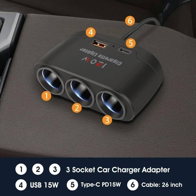 3 in 1 Car Cigarette Lighter Splitter 120W Fast Charger USB Type C Adapter Splitter for Phone DVR GPS Dashcam 12V 24V
