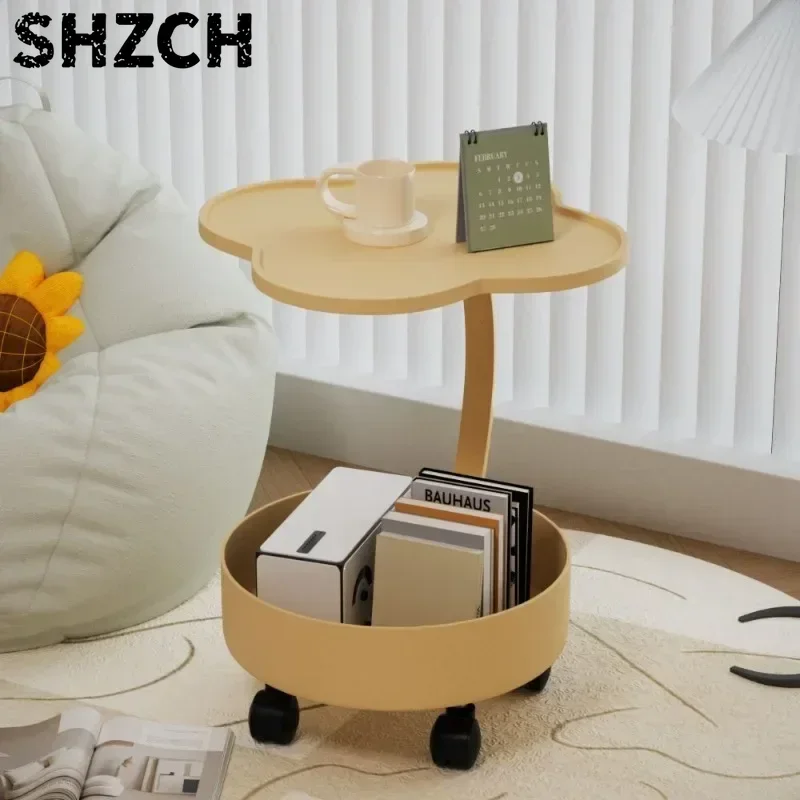 Modern Moveable Sofa Edge Table with Double Shelf Small Casual Tea Table for Living Room Balcony Creative Living Tea Table