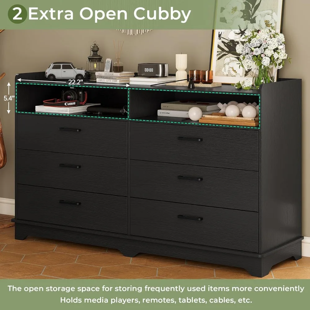 6 Drawers Dresser for Bedroom Modern Chests of Drawers, Black Double Dresser with Drawers and Cubby, 14.6