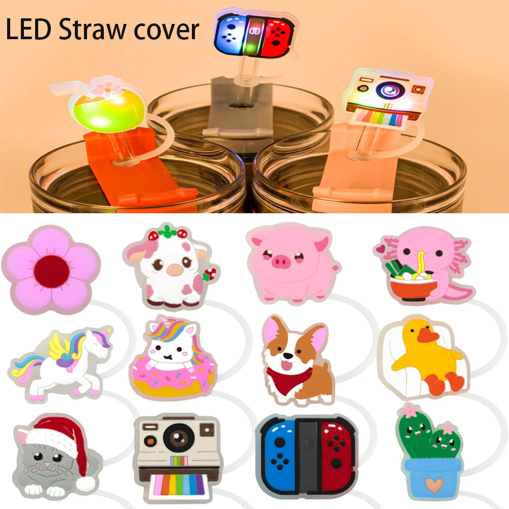 Cubierta de paja de silicona, accesorios LED para tazas, tapa de paja de 8mm, tapa para beber para perros y gatos, decoración de adorno de paja a prueba de polvo