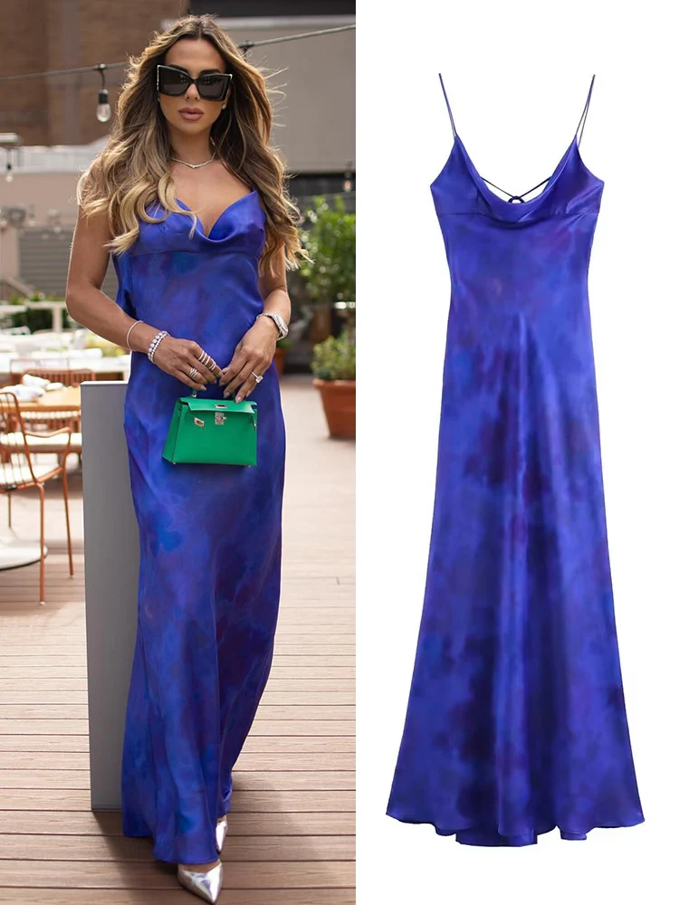 

TRAFZA Summer Woman 2024 Satin Print Backless Long Dress Elegant Chic Zipper Hem Folds Sleeveless Dresses Vestidos Mujer