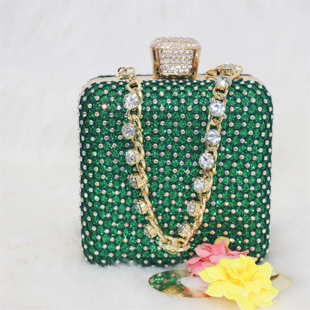 Fashionable New Design Nigerian Design Italian Women Shoes and Bag Set in Green Color Decorate with Rhinestone for Party