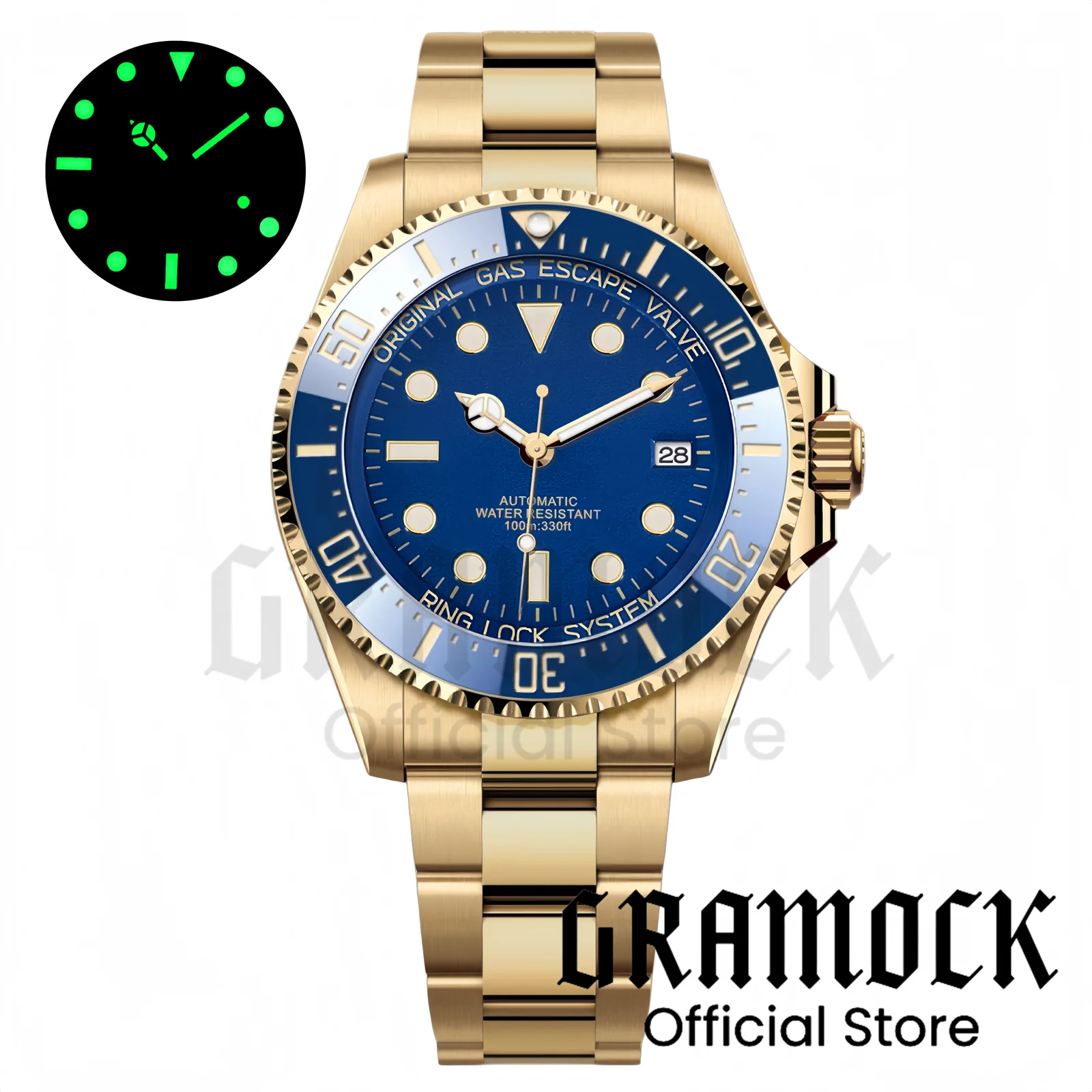 43mm Luxuriöse Goldene Mechanische Herrenuhren 10ATM Stahl Taucheruhr DEEP SEA für Männer Blaues Zifferblatt Leuchtender Blauer Einsatz Oyster-Armband
