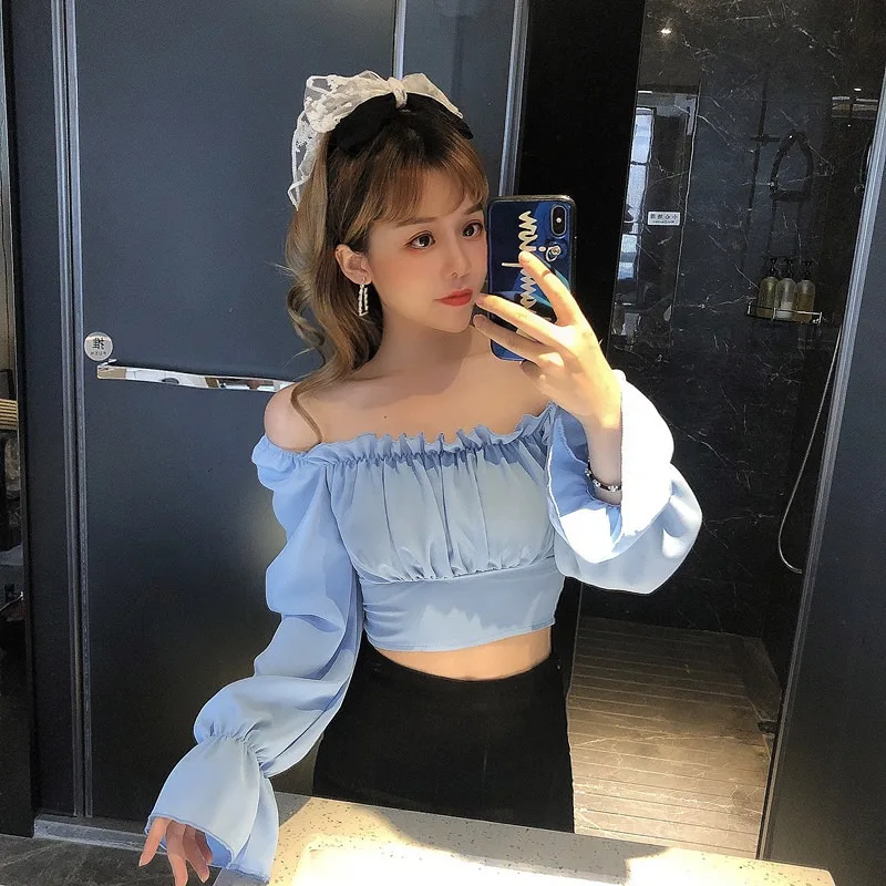 Retro Off Shoulder Lace Up Blouse Women Slash Neck Long Sleeve Shirt Short Style Sweet And Spicy Crop Top Versatile Summer