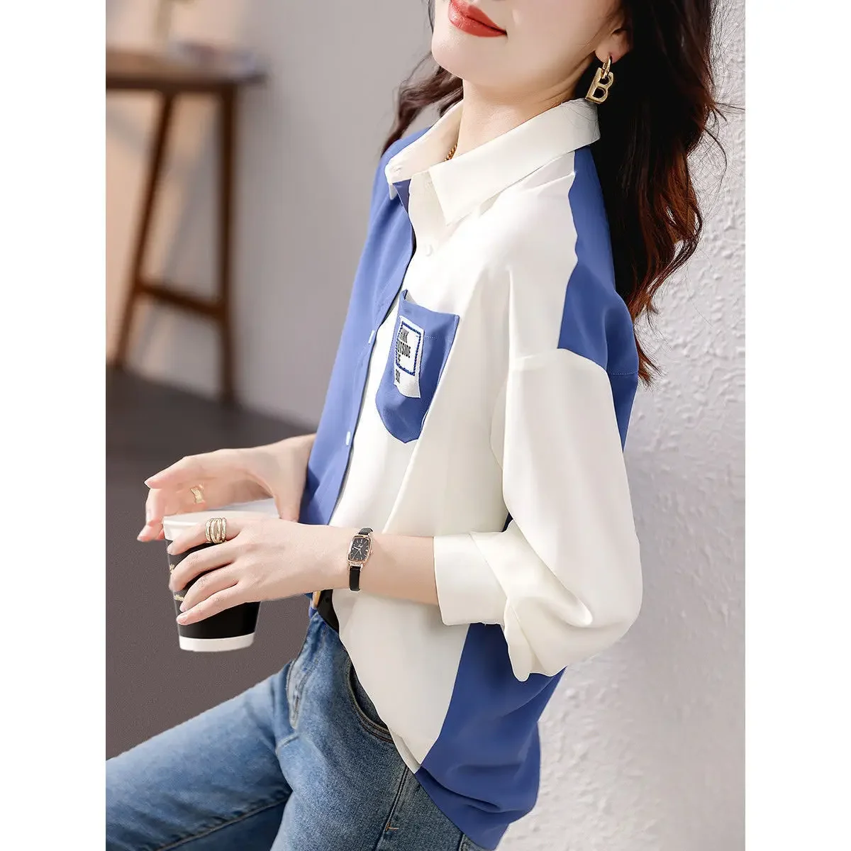 Turn-down Collar Thin Loose Pocket Button Splicing Irregular Leisure Loose All Season Women\'s Clothing 2022 Fashion Office Lady