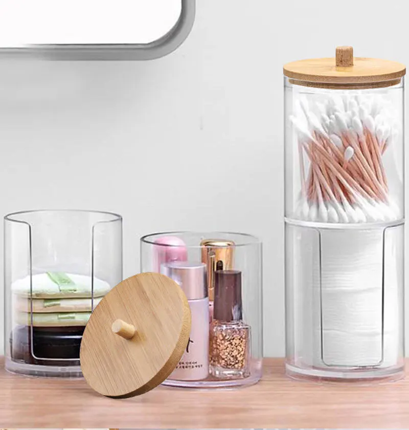 Acryl-Aufbewahrungsbox, Badezimmer-Glas, Make-up-Organizer, Baumwolle, runder Pad-Halter, Baumwoll-Halter, Spender mit Bambusdeckel, transparenter Kunststoff – Detail 1