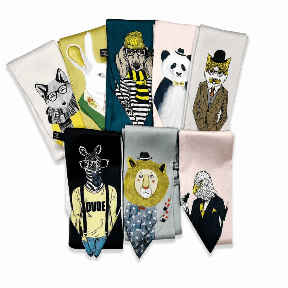 Encantadora bufanda delgada de satén, larga, con estampado de animales, bufanda de negocios, correa para bolso, diademas decorativas para mujeres.