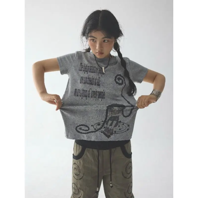 Japanese Subculture Ancient Early Flavor Y2k Sweet Cool Cute Niche Manga Star Curly Girl Printed Short Sleeve Top
