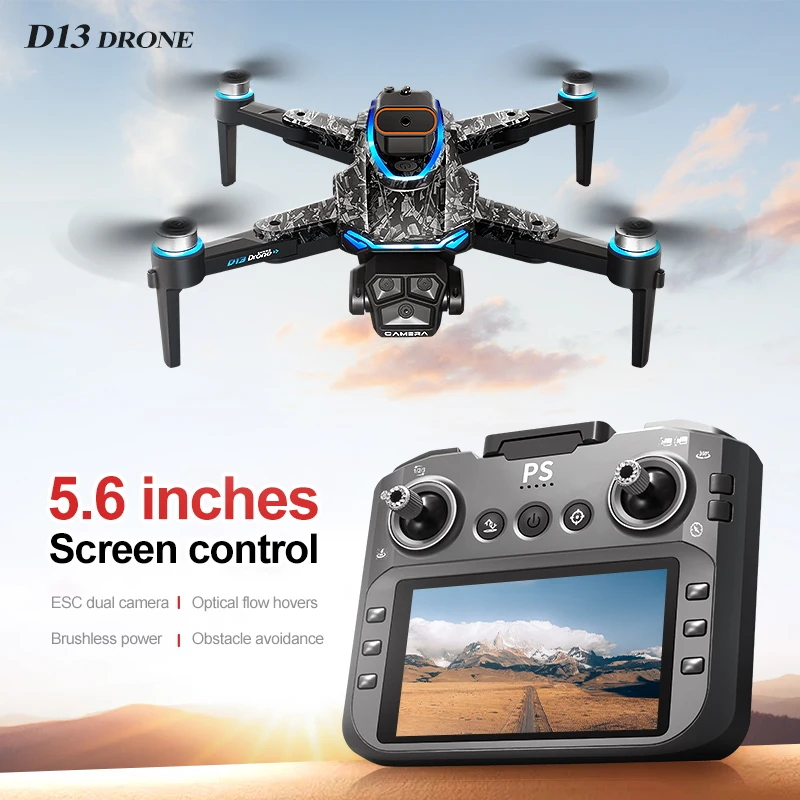 D13 quadcopter drone, equipped with dual cameras, WiFi connection, quad-rotor control, USB charging, 5.6-inch screen.