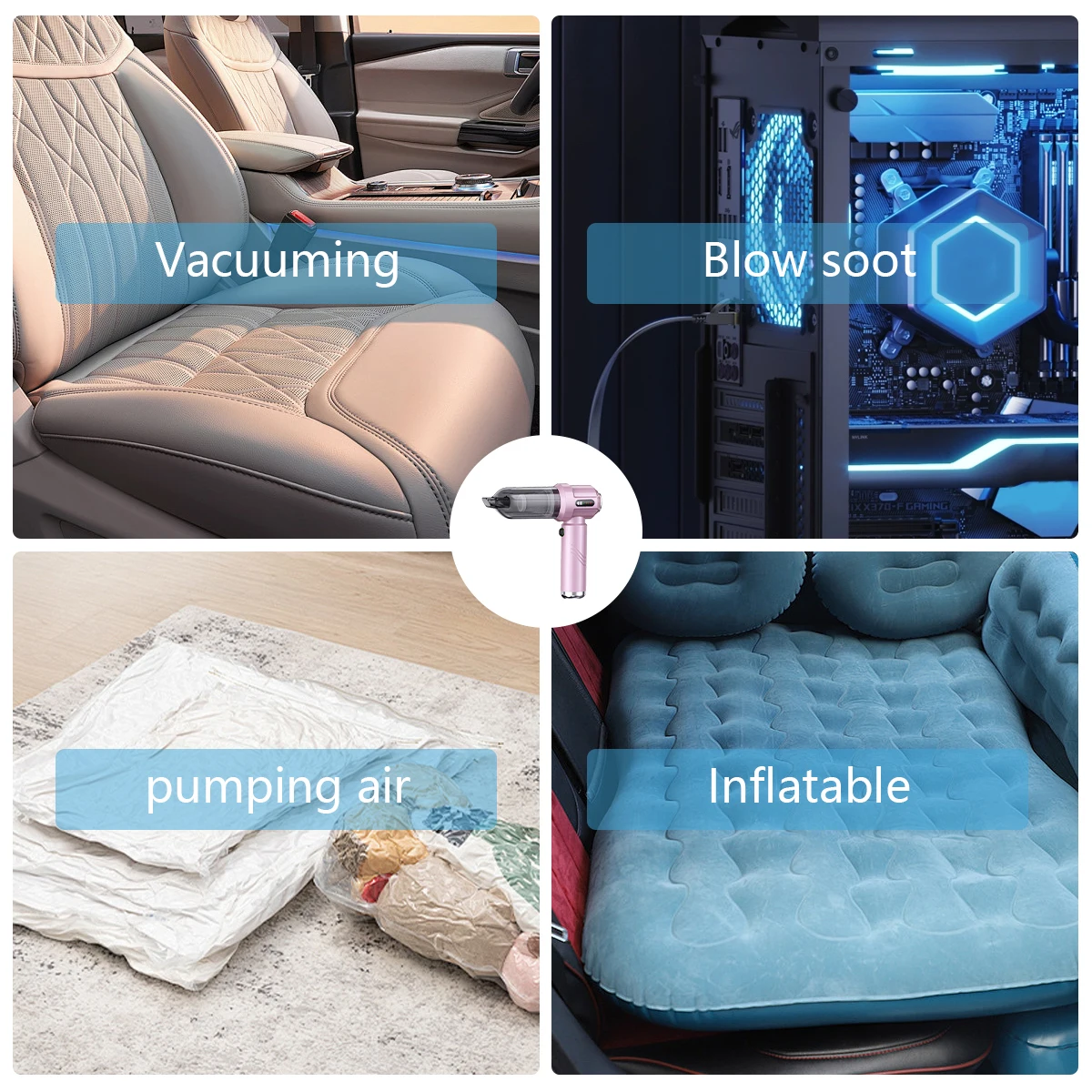 4-in-1 무선 자동차 진공청소기 |   18KPA(LCD 및 송풍기+팽창기 포함) |   자동차 디테일링/가정용/야외용 ETL 인증