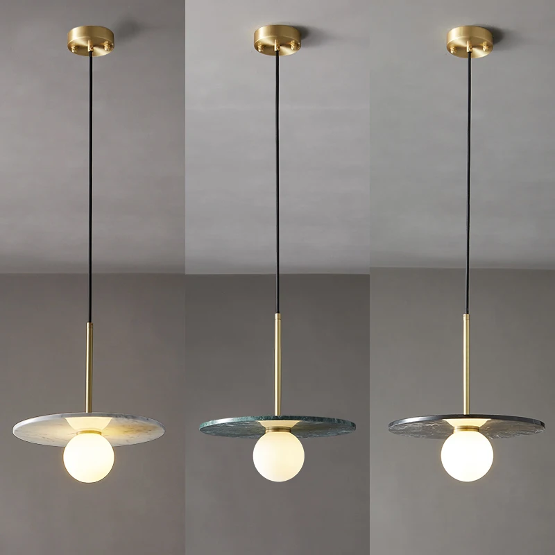 Modern Minimalist Natural Marble LED Pendant Lamp Retro Bronze Art Villa Homestay High Luxury Room Droplight Home Decoration