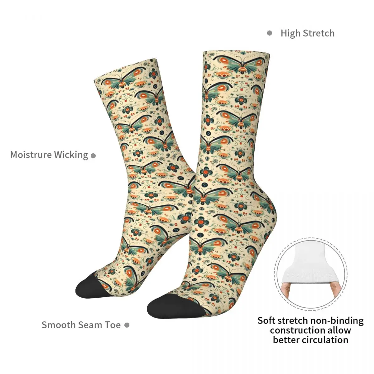 Lustige Herrensocken, böhmisches Schmetterlingsmuster, Vintage-Stil, Hip-Hop, lässig, Crew-Socken, Geschenkmuster, bedruckt