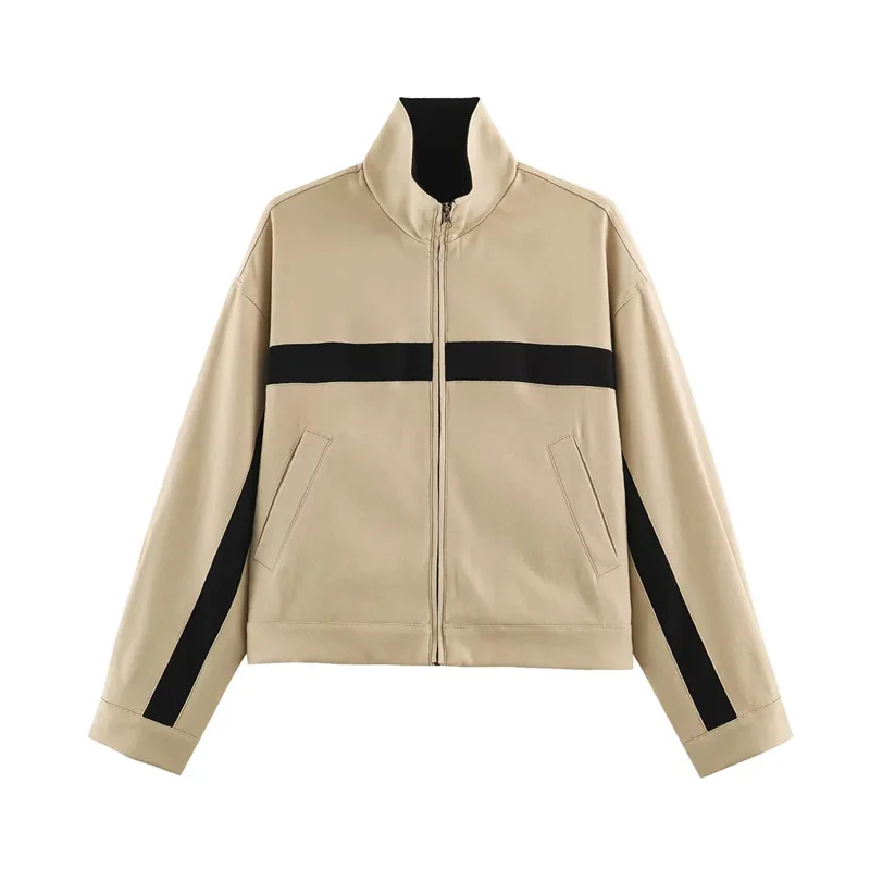 Maxdutti Minimalist Autumn And Winter Color Blocking Splicing Women's Jacket Woman Clothes Loose Casual Stand Up Bomber Jacket