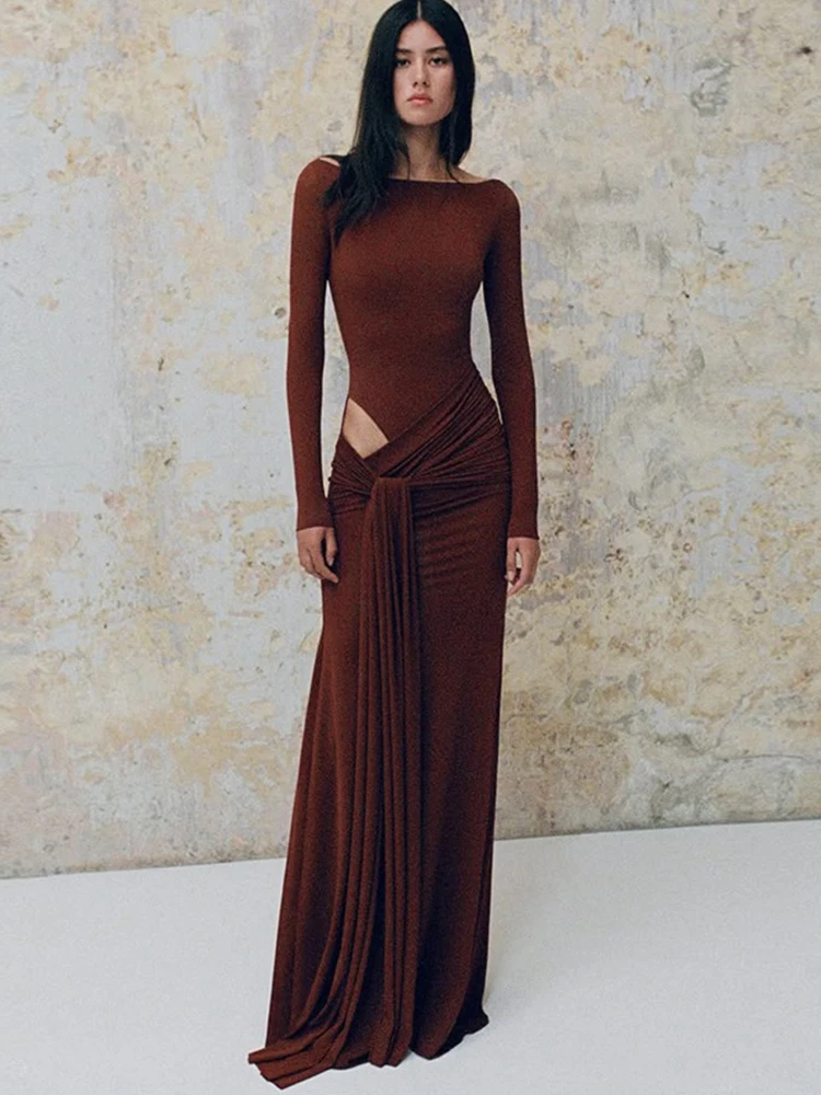 Oniflyme Manica Lunga Increspato Aderente Maxi Vestito Delle Donne O Collo Scava Fuori Fasciatura Sottile Partito Streetwear Femminile Elegante Abiti Sexy