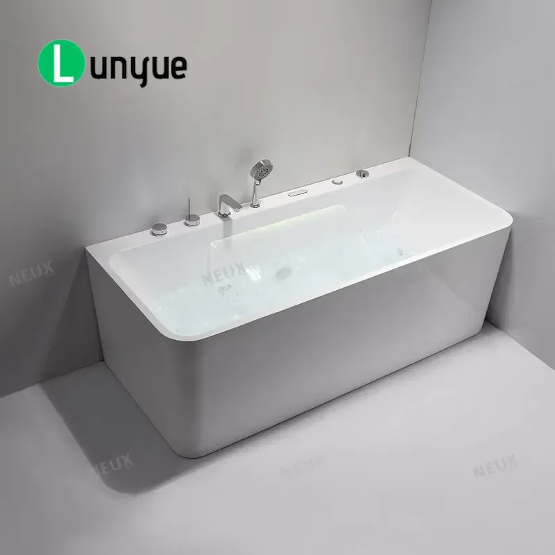 Modern Rectangular Acrylic Whirlpool Bathtub with Waterfall and Touchscreen Controls for Bathroom Hotel Use