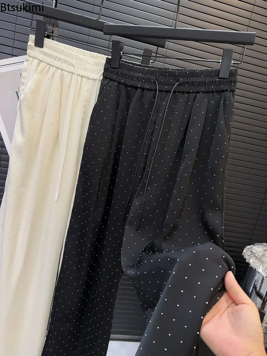 New 2024 Women\'s Luxury Full Rhinestone Wide Leg Pants Very Soft Drawstring High Waist Straight Pants Ladies Casual Trousers