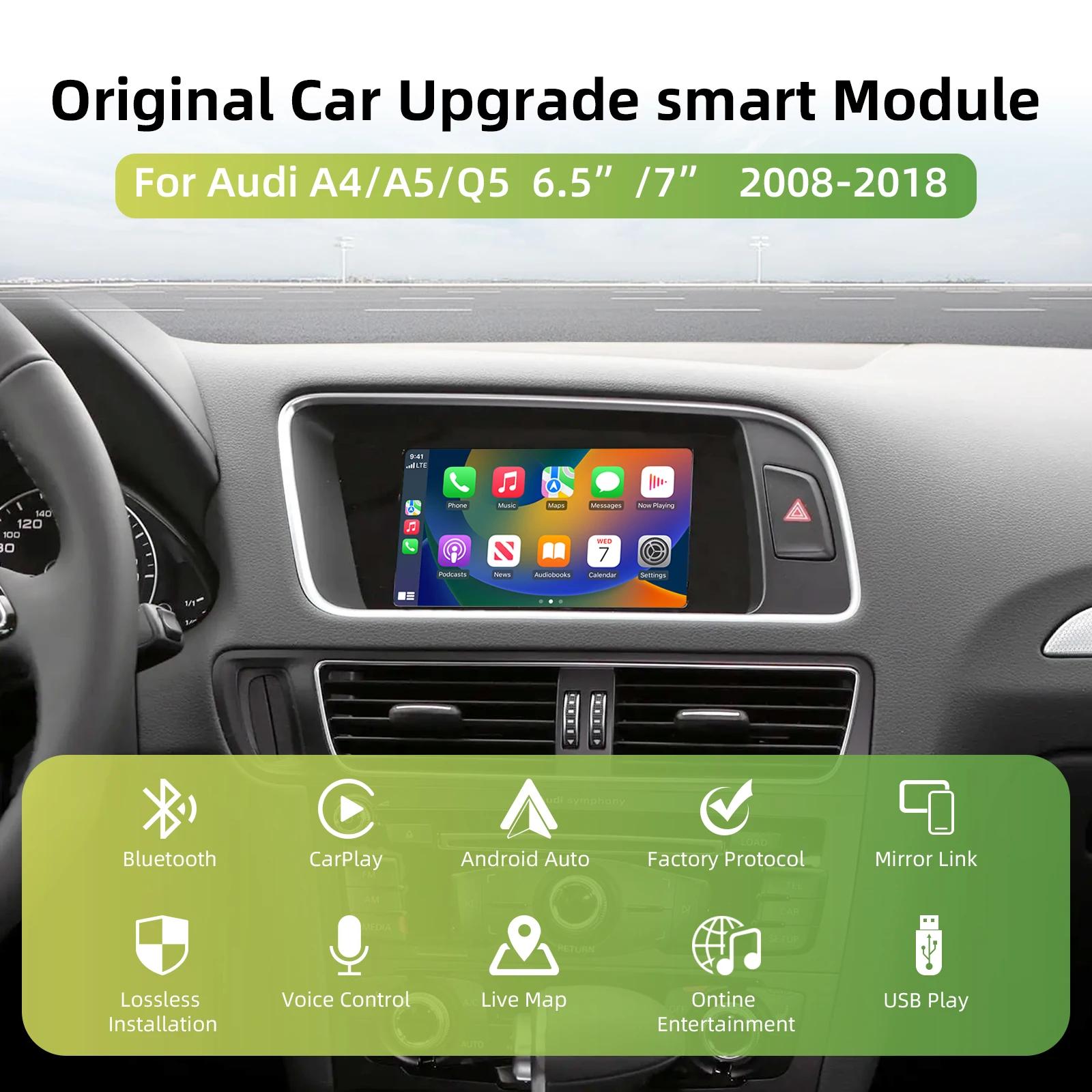 OEM-Bildschirm-Upgrade-Decoderbox für Audi A4, A5, Q5 2008–2018, 6,5 Zoll/7 Zoll Bildschirm, MMI 3G mit CarPlay und Android Auto Retrofit Kit