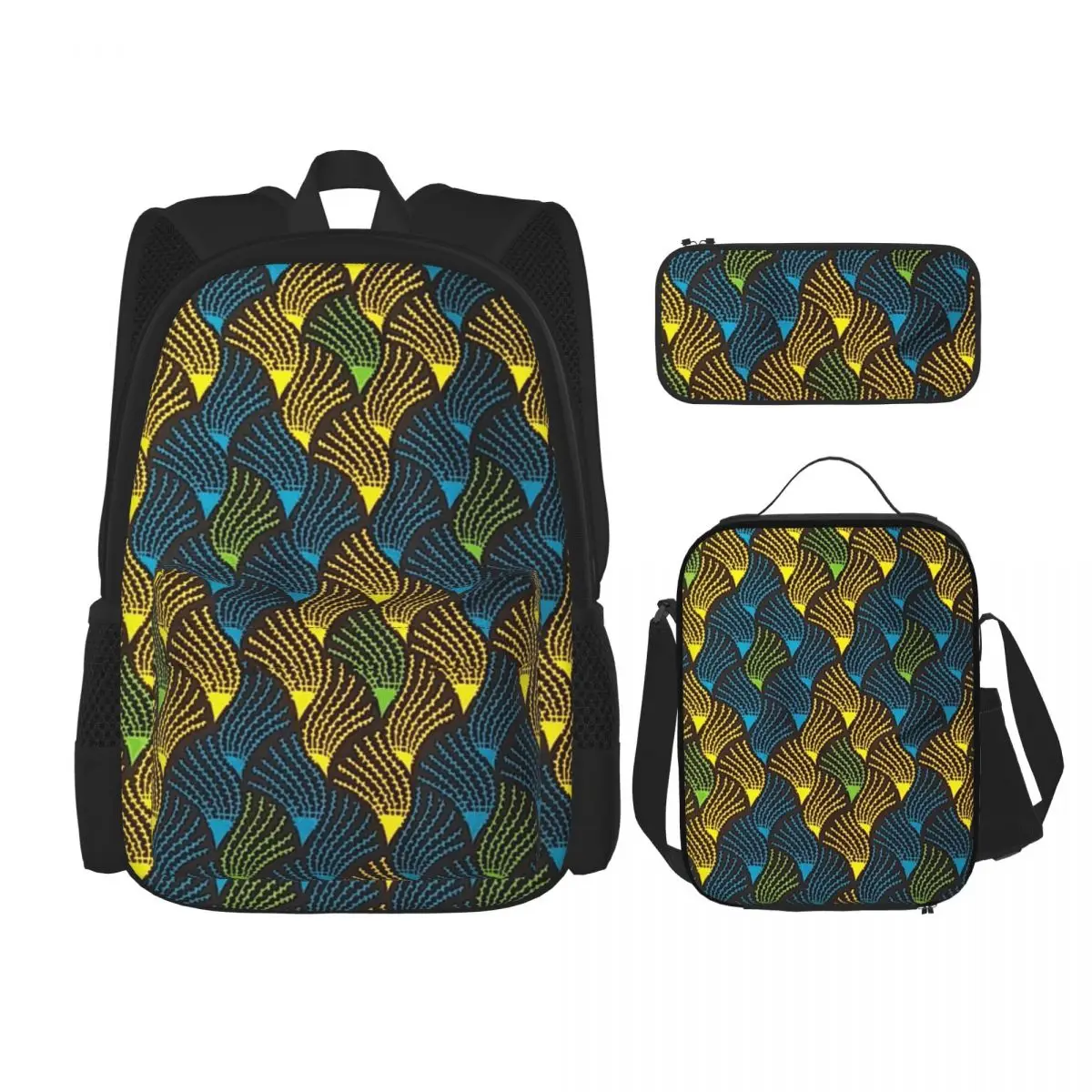 African Ankara Wax Print Backpacks Kids Bookbag School Bags Rucksack Lunch Bag Pen Bag Three-Piece Set