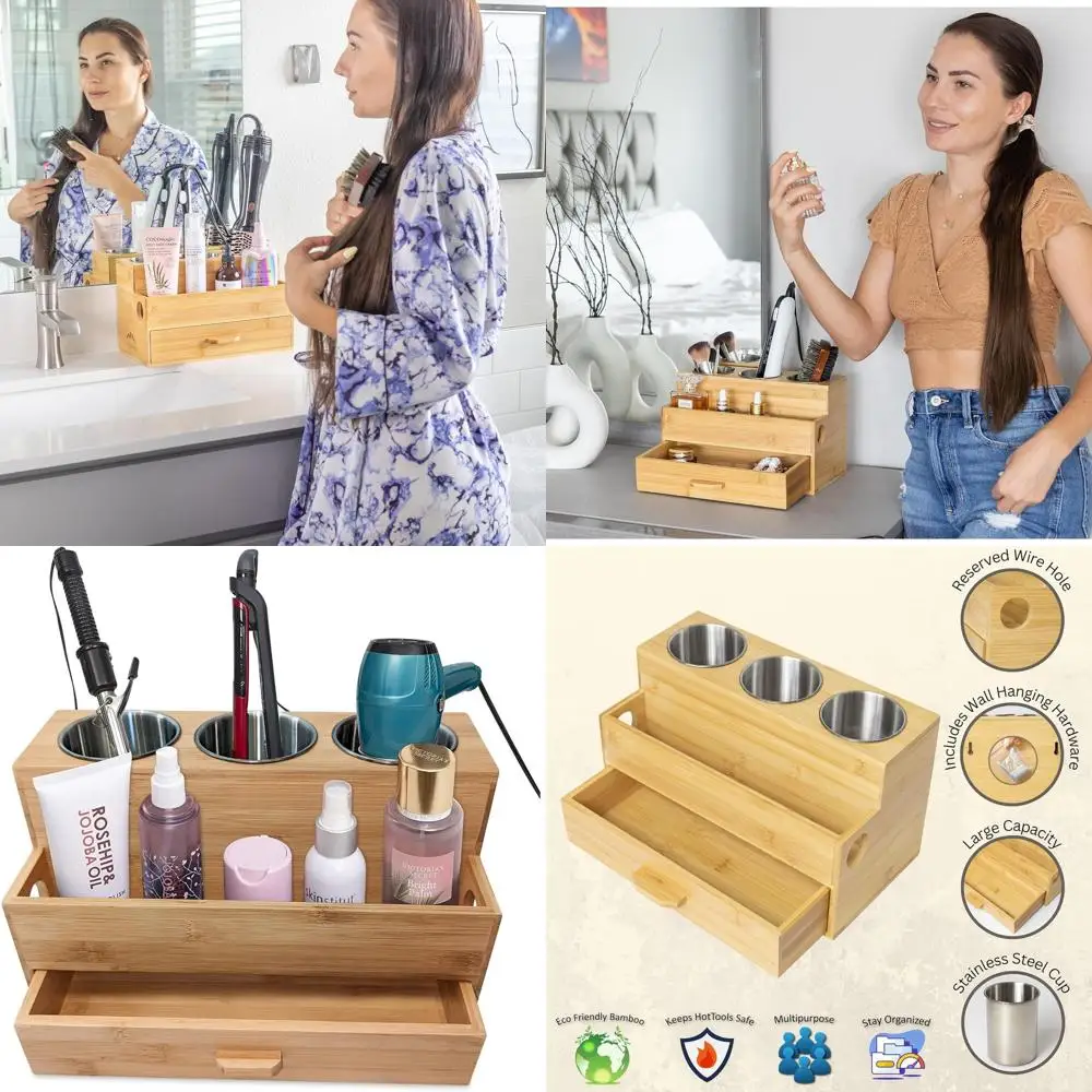 

Hair Tool Organizer- Bamboo, Blow Dryer Holder, Bathroom Countertop, Vanity Caddy Storage Stand or Accories, Makeup, Toiletries