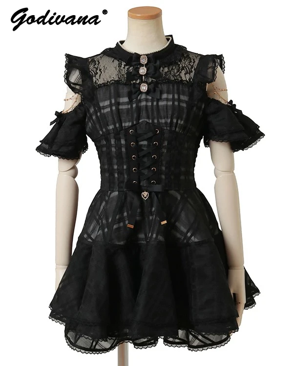 اليابانية الجديدة ليز الصيف المرأة الحلو خارج الكتف فستان الأورجانزا والسراويل 2 قطعة مجموعة الفتيات لوليتا وتتسابق