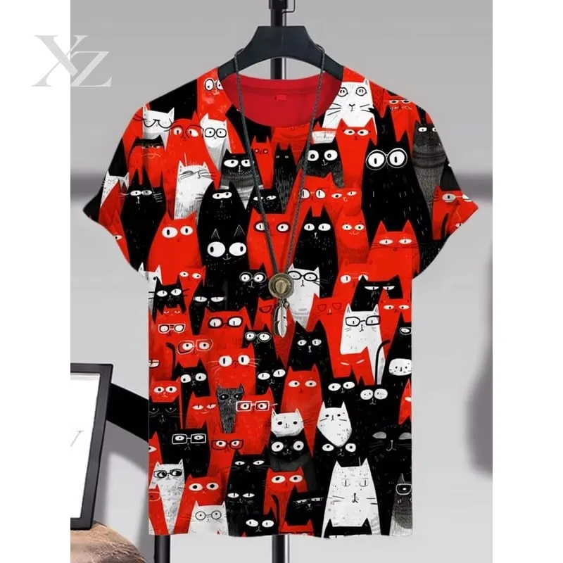 High Quality Men's Funny 3D Fantasy Animal Cat Dinosaur Print T-Shirt, Loose Short Sleeve Cartoon Tees for Men, Outdoor Casual