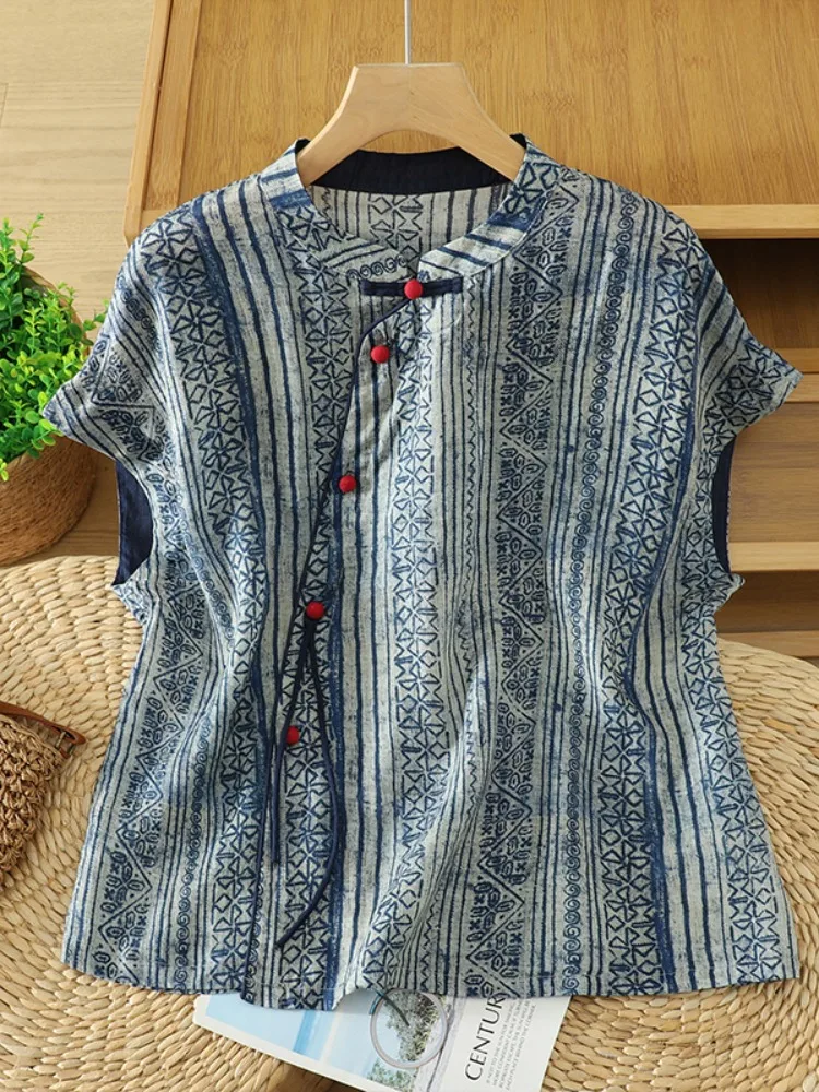 

Retro Chinese Style Blue Dye Flax Shirt Women's Summer High Collar Asymmetrical Zen Tea Clothing Top Thin Printed Loose Fit