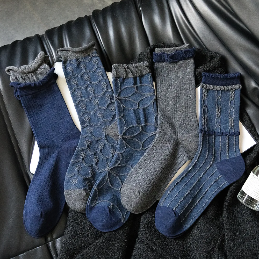 2026 New Blue Socks Women Retro Flower Embossment Cotton Long Socks Autumn and Winter Fashion Harajuku Vintage Medium Tube Socks