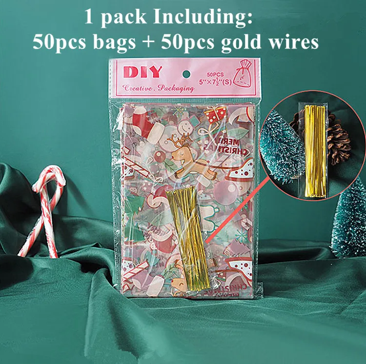 50PCS Bags with Wires Open Top Gift Packaging Pouches DIY Birthday Wedding Party Bakery Cookies Snack Biscuit Candy Xmas Bag