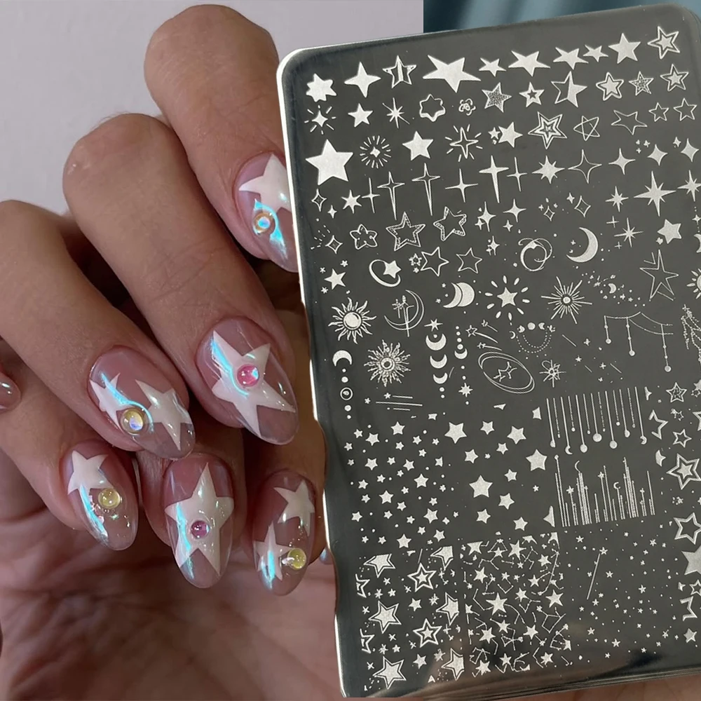 1 Pieza Placa de Acero para Estampado de Uñas Y2k con Diseño de Estrellas, Luna, Cruz y Luz de Estrellas, 15*10cm, Estilo Bohemia, Estrella, Sol, Pentagrama