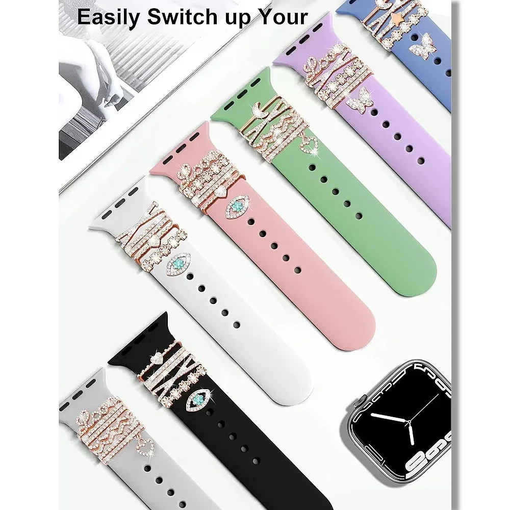 Compatible with Watch Silicone Strap Butterfly Metal Stud Charm Set Personalized Wristband Decorative DIY Accessory