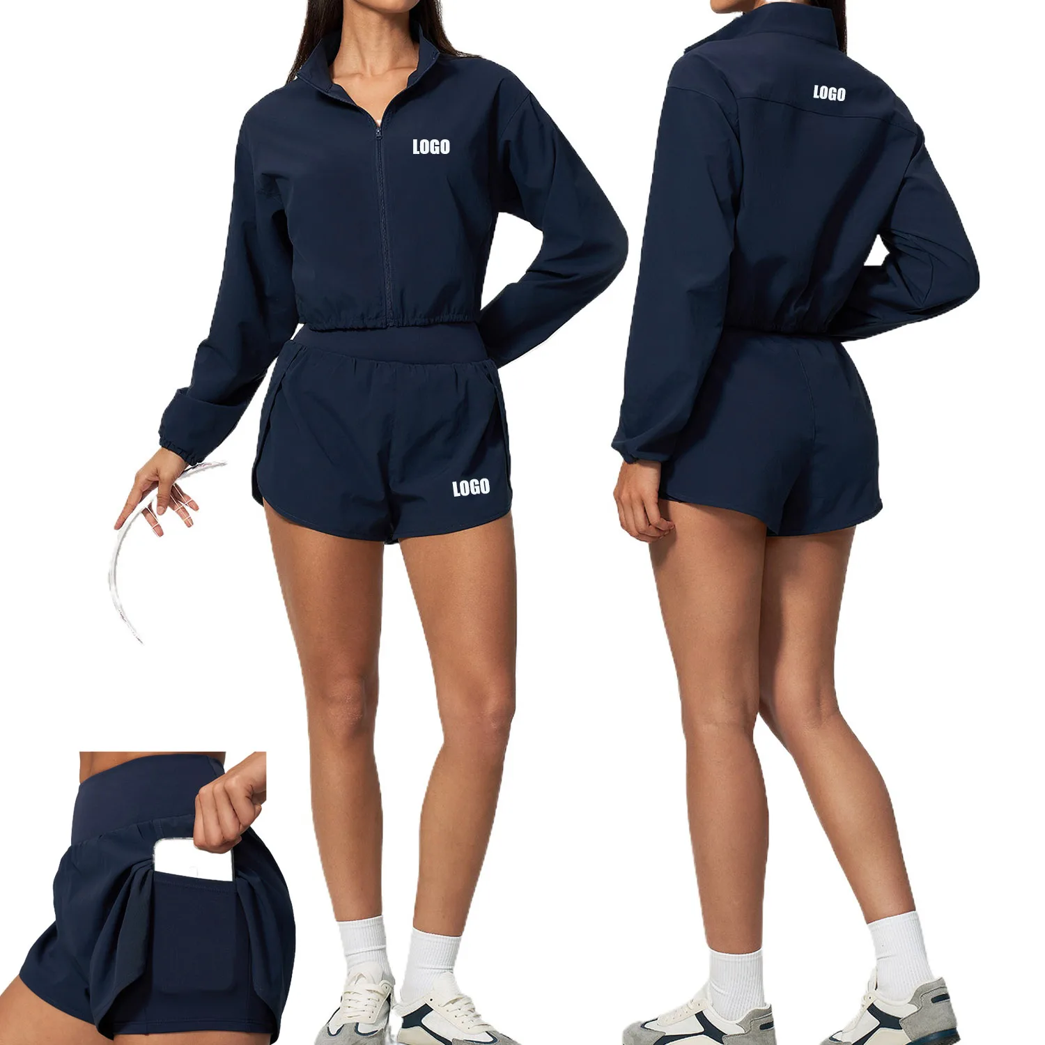 Personalized LOGO custom women's new quick-drying breathable sports fitness cycling casual jacket shorts yoga two-piece set