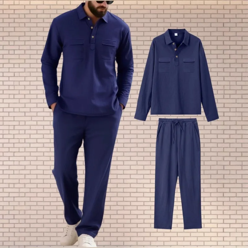 

Mens Linen Blend Two Piece Set Long Sleeve Shirt And Drawstring Pants Casual Vacation Outfit