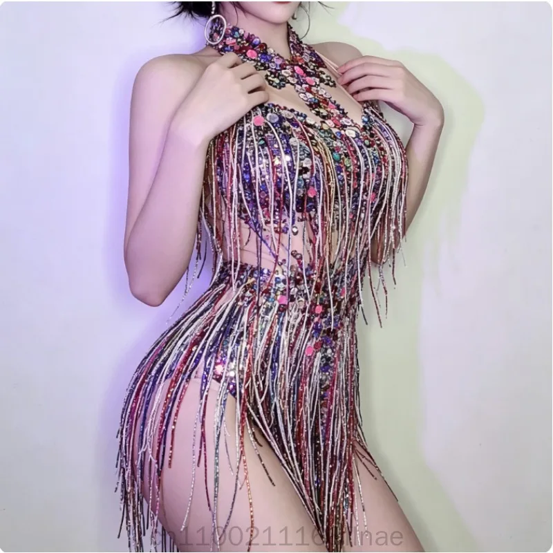 Modern Dance Performance Costume Colorful Full Diamond Tassel Jumpsuit Women's Song DjDs Dance Team Gogo Performance Costumes