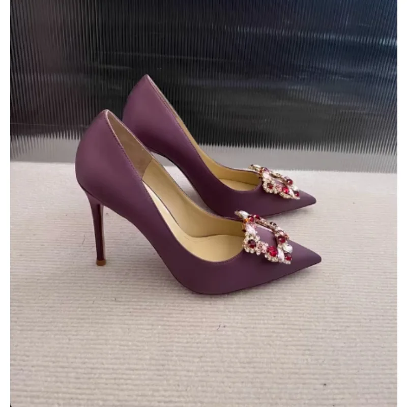 Spring and Autumn Purple Silk Satin New Women's Stiletto High Heels Shallow Pointed Fashion Bridal Dress Shoes