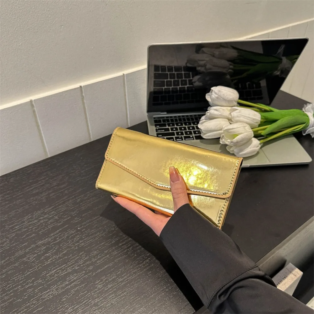 Luxury Pu Leather Envelope Evening Bag Functional Shiny Triple Flod Long Wallet Large Capacity Purses Messenger Cluth Bag Girls