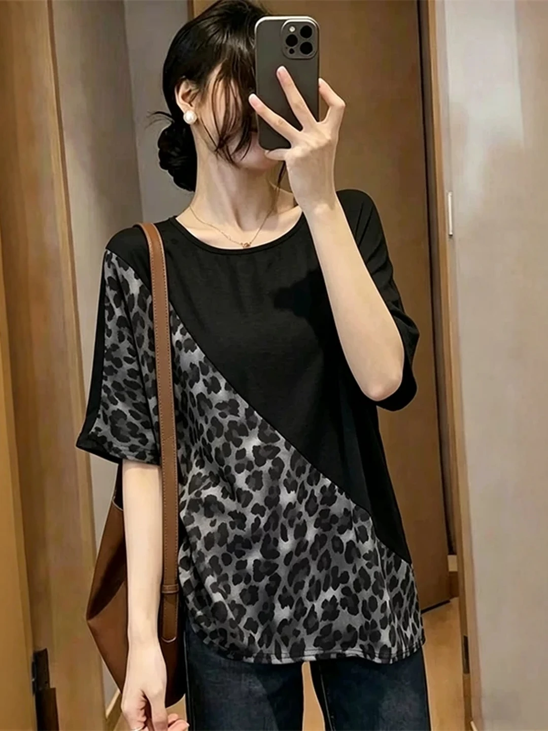American Style Splice Short Sleeve T-Shirt Women's Summer plus Size Slimming Base Shirt Commute Wind High Waist Regular Sleeve