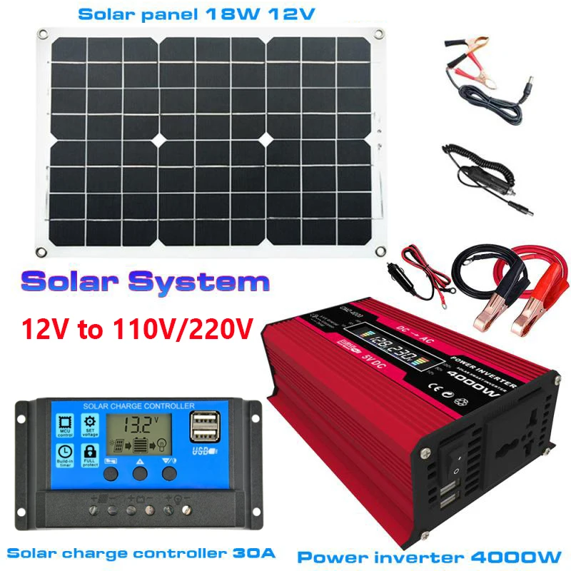 

4000W Solar Power System Converter Adapter 110/220V Voltage Modified Sine Wave Car Inverter 18W 18V Solar Panel 30A Controller