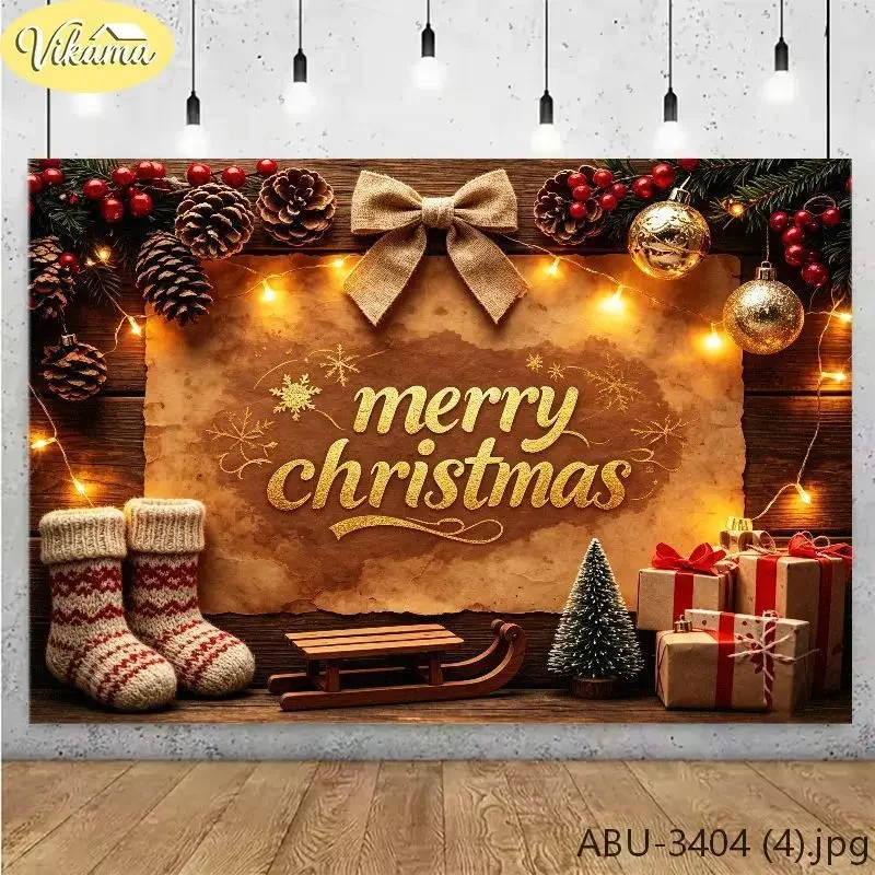 VIKAMA Photography Background Christmas Wooden Sled Stocking Text Backdrop for Party Birthday Photo Booth Home Decor